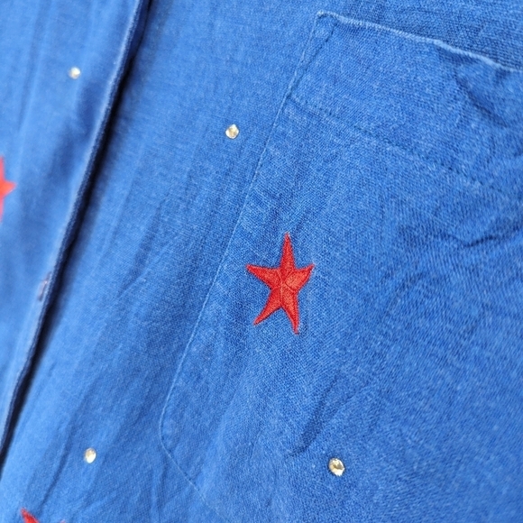 Quacker Factory Shirt Women 1X Linen Button 4th July Star Flag Short Sleeve - Picture 9 of 13